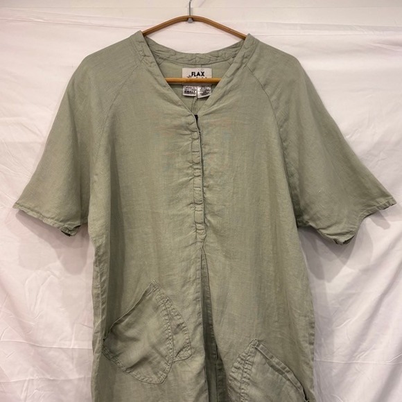 FLAX Linen Midi Dress Sage Green Button Front Pockets Size Small Lagenlook Boho - Picture 2 of 6